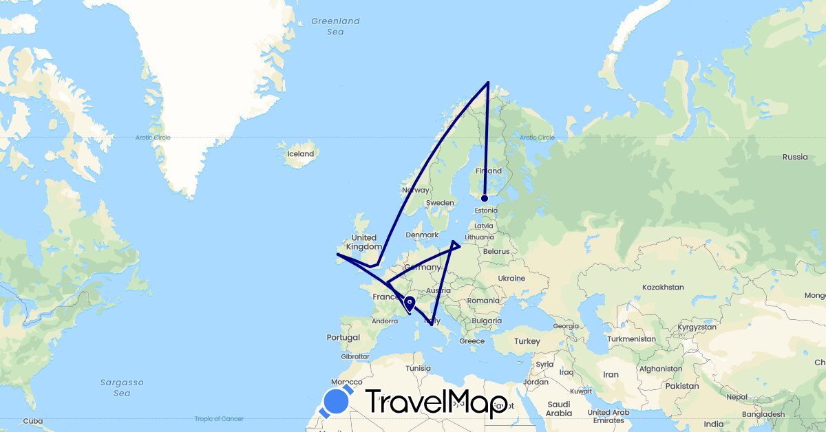 TravelMap itinerary: driving in Finland, France, United Kingdom, Ireland, Italy, Monaco, Norway, Poland (Europe)